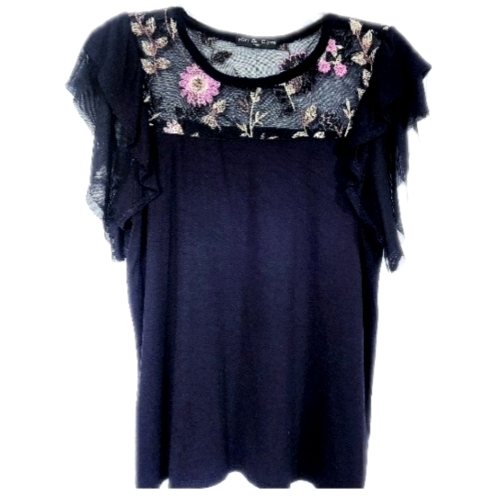 Kim & Cami Black Embroidered Mesh Short Sleeve Top, Women's Size Small